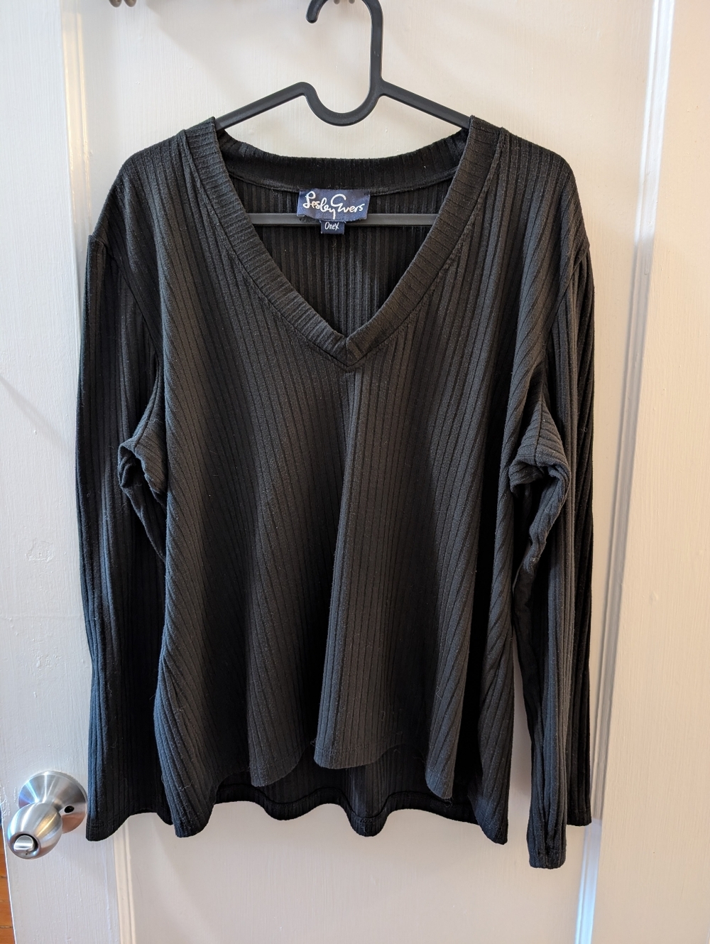 Lesley Evers Womens Top Tee Plus 1X Ribbed Black Long Sleeve V-neck Made In USA